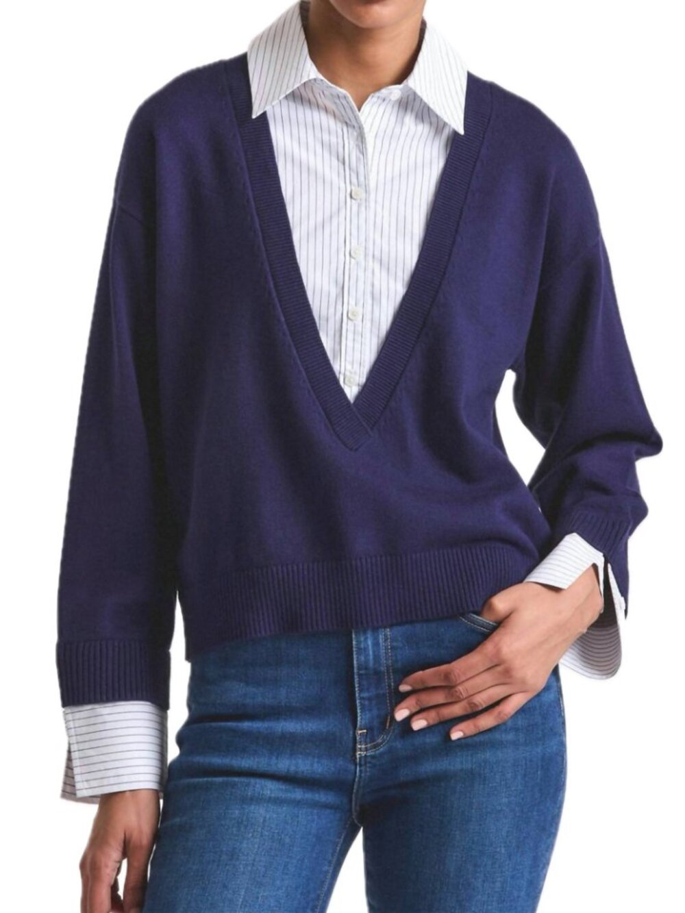 Derek Lam 10 Crosby Rida Striped Mixed-Media Twofer Sweater (Navy/White)